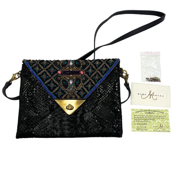 MARY FRANCES Black Beaded & Gem Embellished Flap Embossed Suede Shoulder Bag New - Picture 2 of 8